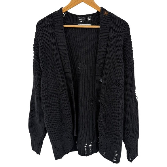 Zara Womens Small Oversized Distressed Chunky Knit Button Front Cardigan Sweater - Picture 2 of 9